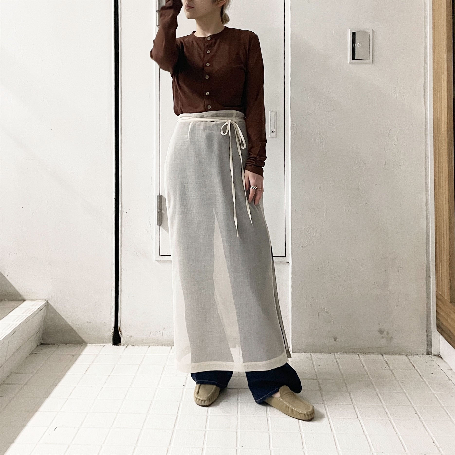 AURALEE】 WOOL RECYCLE POLYESTER LENO SHEER SKIRT / HARD TWIST