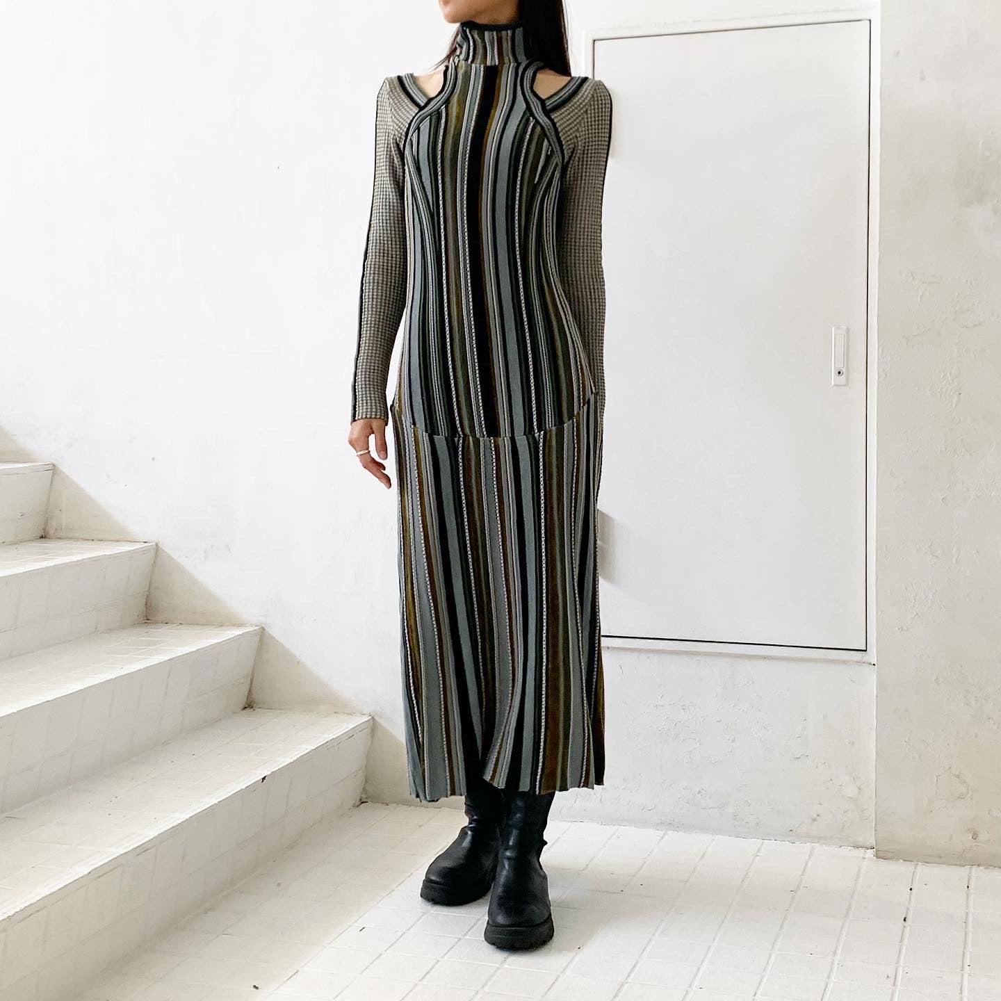 【Mame Kurogouchi】 Stripe Jacquard High Neck Knitted Dress