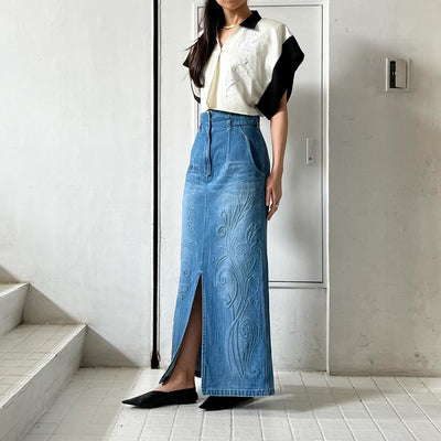 【TELMA】 Embroidered Square Tops / 【Mame Kurogouchi】 Floral Embossed Denim Skirt