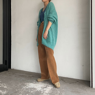 【AURALEE】 BRUSHED SUPER KID MOHAIR KNIT LONG CARDIGAN / WOOL COTTON MOLE PANTS / SUEDE MOCCASIN SLIPPER
