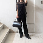【Mame Kurogouchi】 Raschel Lace Embroidered Top / Triacetate Polyester High Waisted Center Creased Suit Trousers<br>【AURALEE】 LEATHER TOTE BAG - M MADE BY AETA