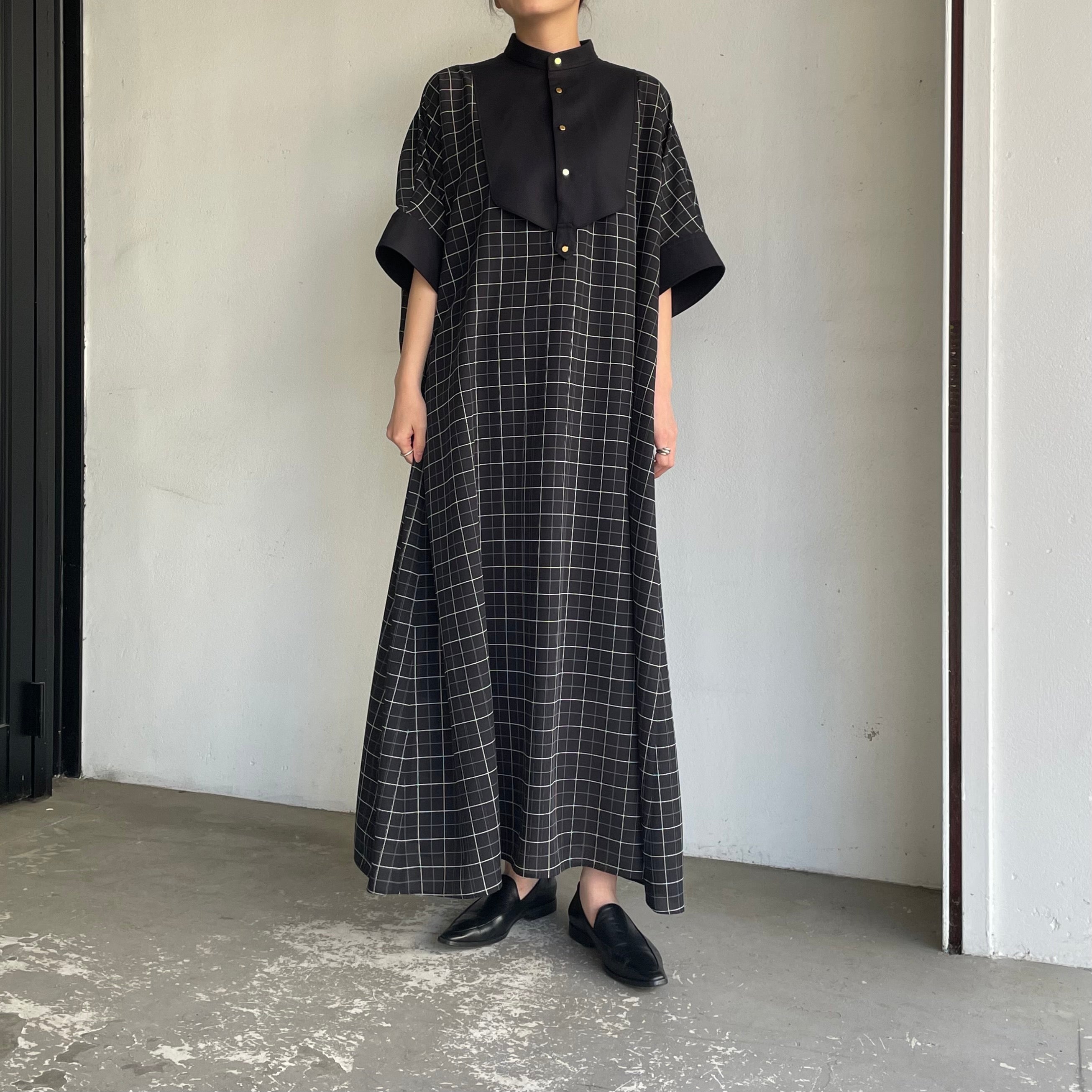 THE RERACS】RERACS BIB FRONT LONG ONE PIECE (BLACK WINDOWPANE
