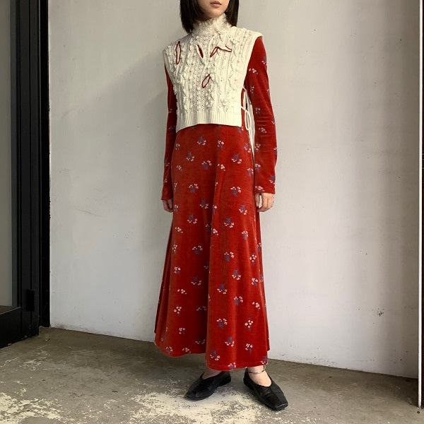 【Mame Kurogouchi】 Floral Velour Jacquard High Neck Dress / Floral Motif Hand-Knitted Vest