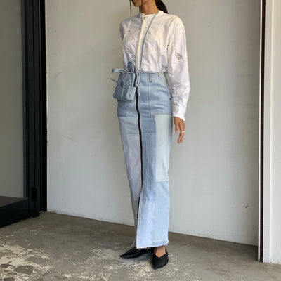 【MALION vintage】 cutwork standcollar shirts / denim w-zip long skirt / denim mini bag