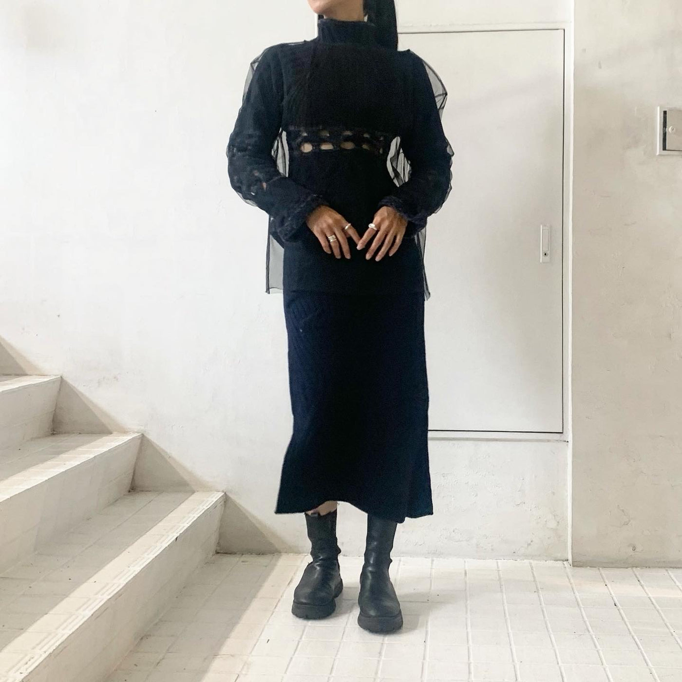 【Mame Kurogouchi】 Basket Pattern Combination Knitted Pullover / Basket Motif Cable Stitch Knitted Skirt  【MARGE】 Tulle boat neck p/o 1003-0102-062
