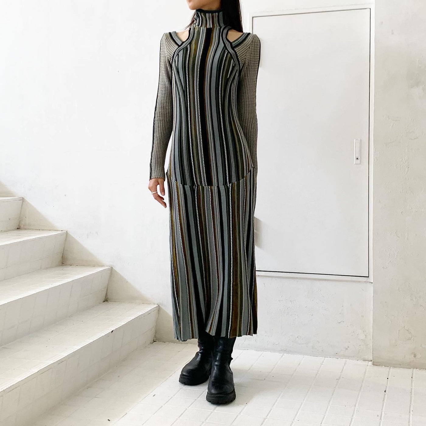 Mame Kurogouchi】 Stripe Jacquard High Neck Knitted Dress