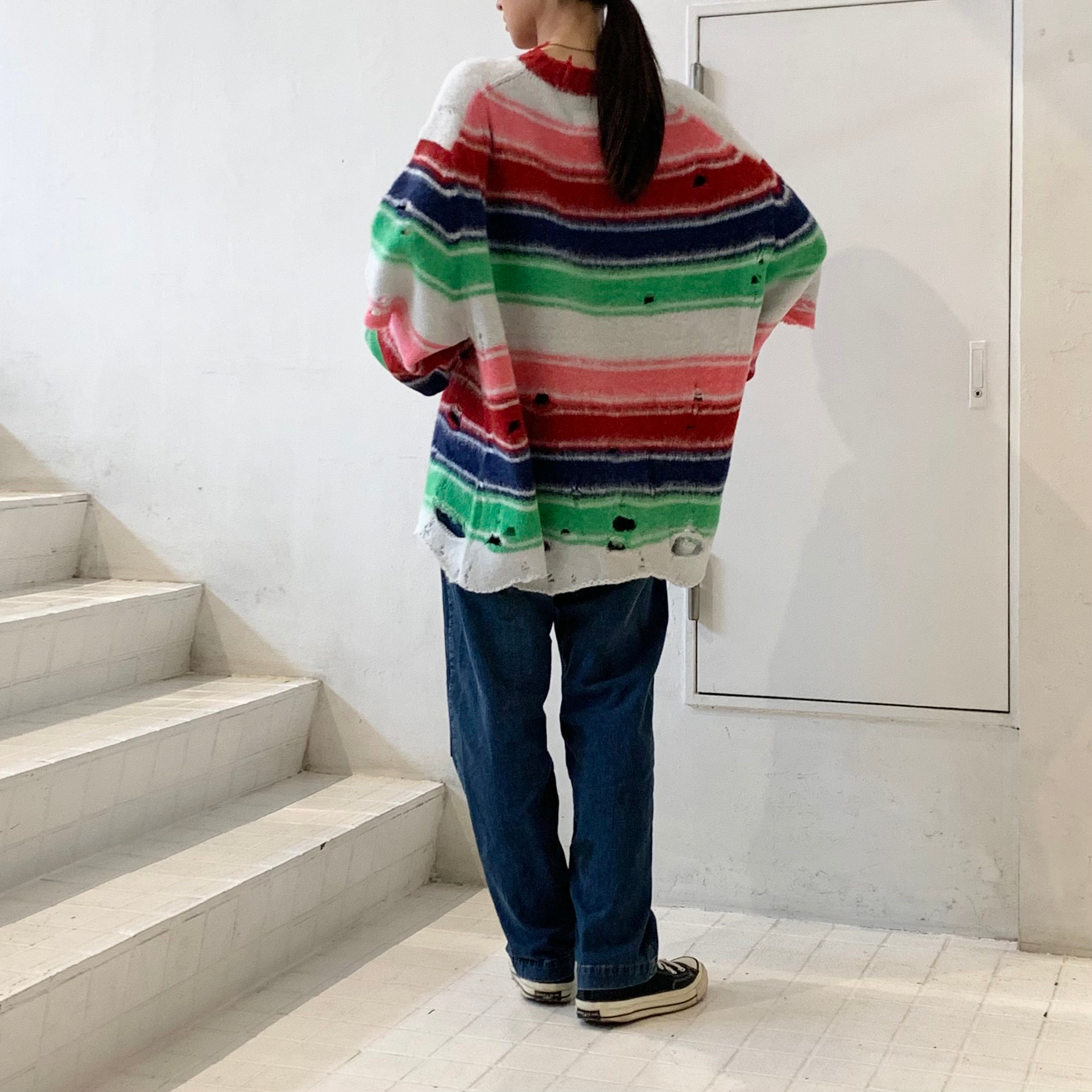 トップス doublet STRIPE OVERSIZED PULLOVER 23AW Women's Striped Off The Shoulder Pullover Sweater Shoulder