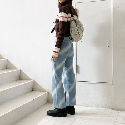 【Kijun】 Line Knit Jacket  / High-Rise Oblique Jeans  / Drawing Sport Bag UNISEX