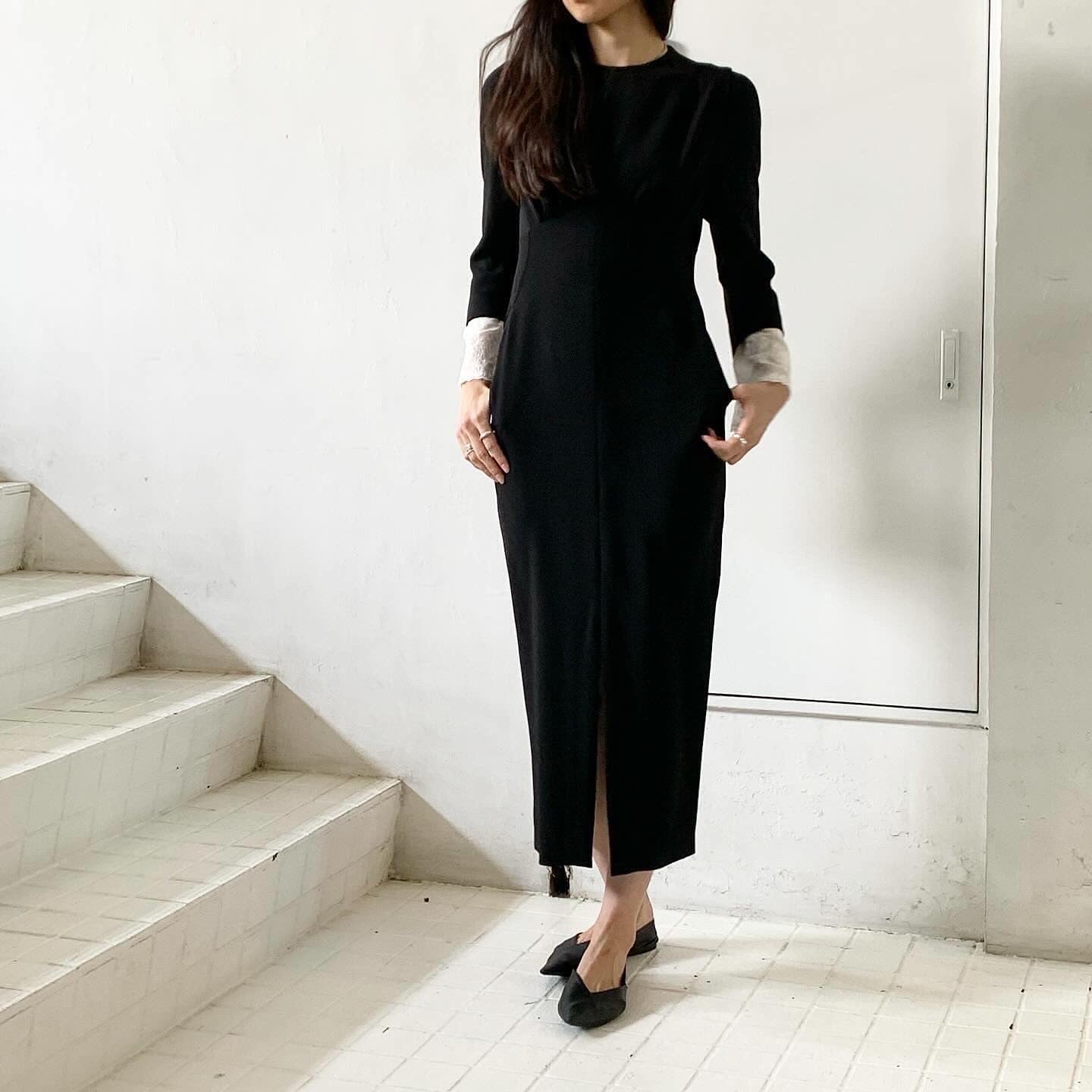 ワンピース Mame Silk Lace Cuffs I-Line Dress Mame Kurogouchi】 Back Satin Crepe Georgette Embroidered Cuffs I