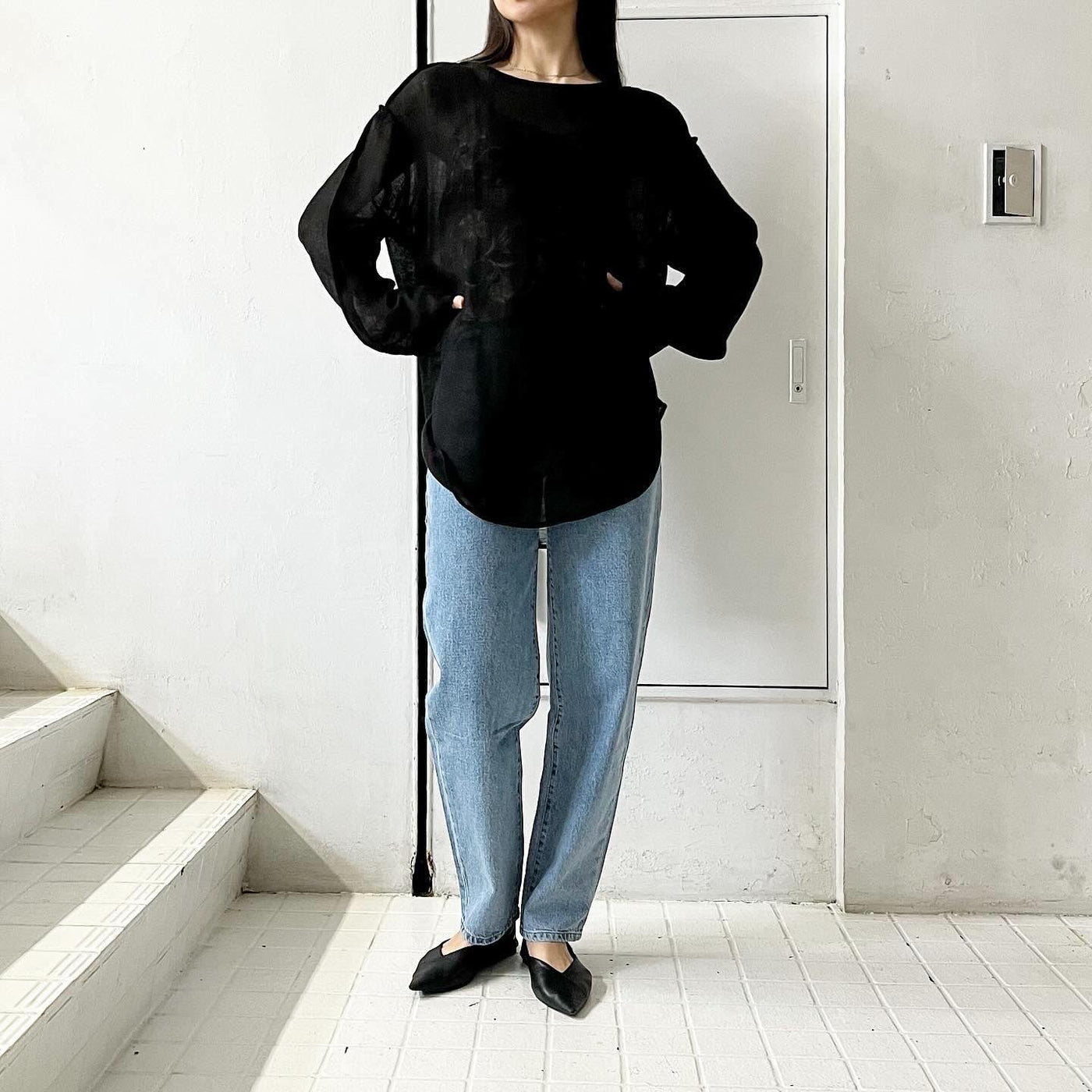 【ERIKOKATORI】 linen gawze top (BLACK)