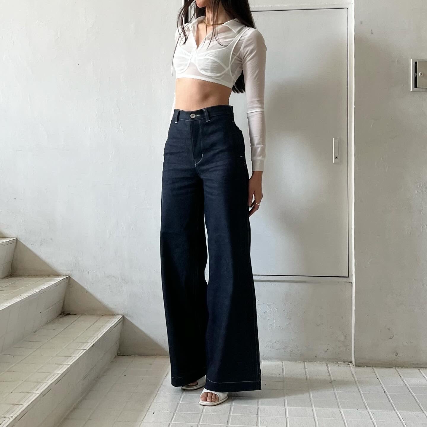FUMIKA UCHIDA】 STRETCH TAFFETA LAYERED BRA TOP SHIRT / DENIM HIGH