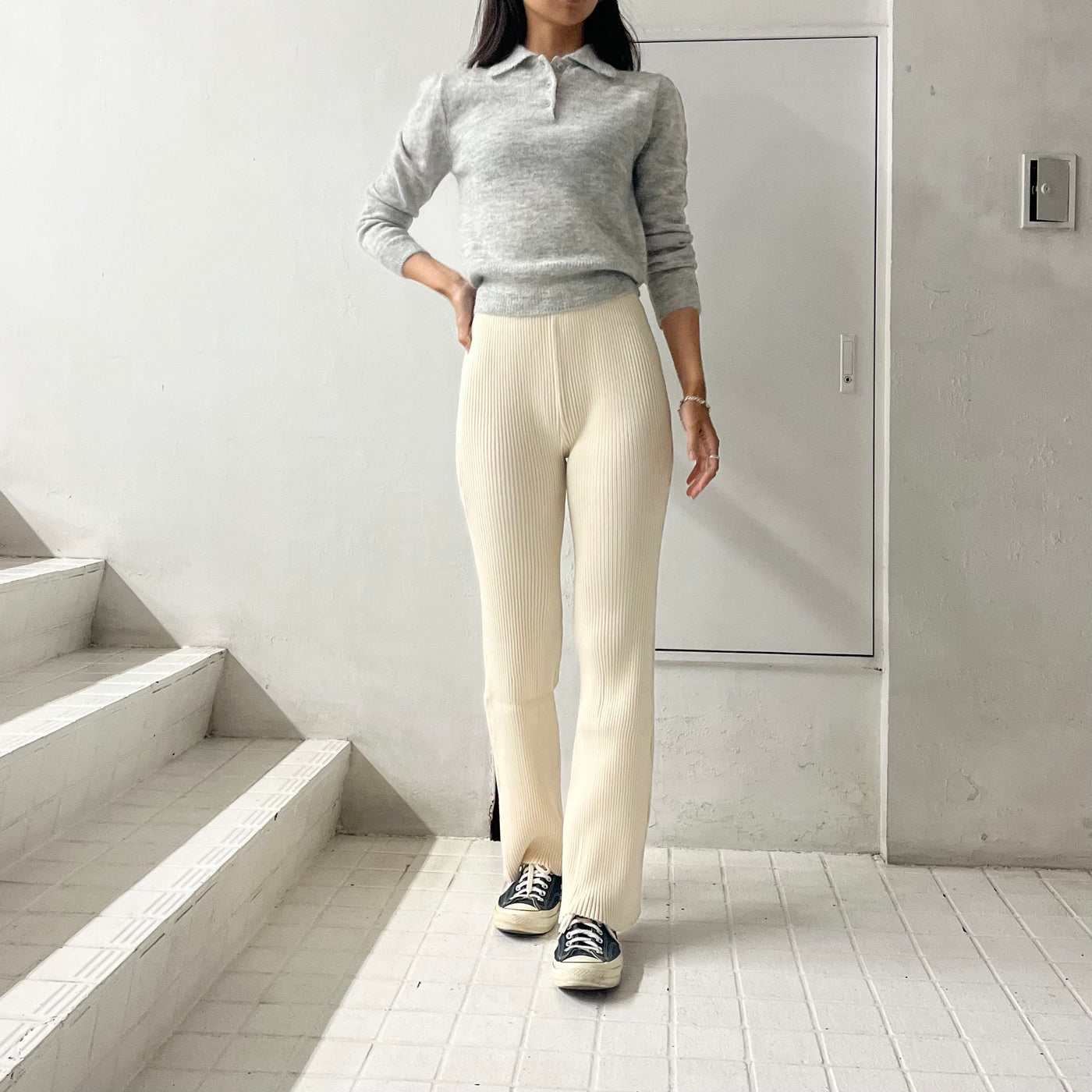 【AMOMENTO】 MOHAIR COLLAR KNIT  / RIBBED PANTS