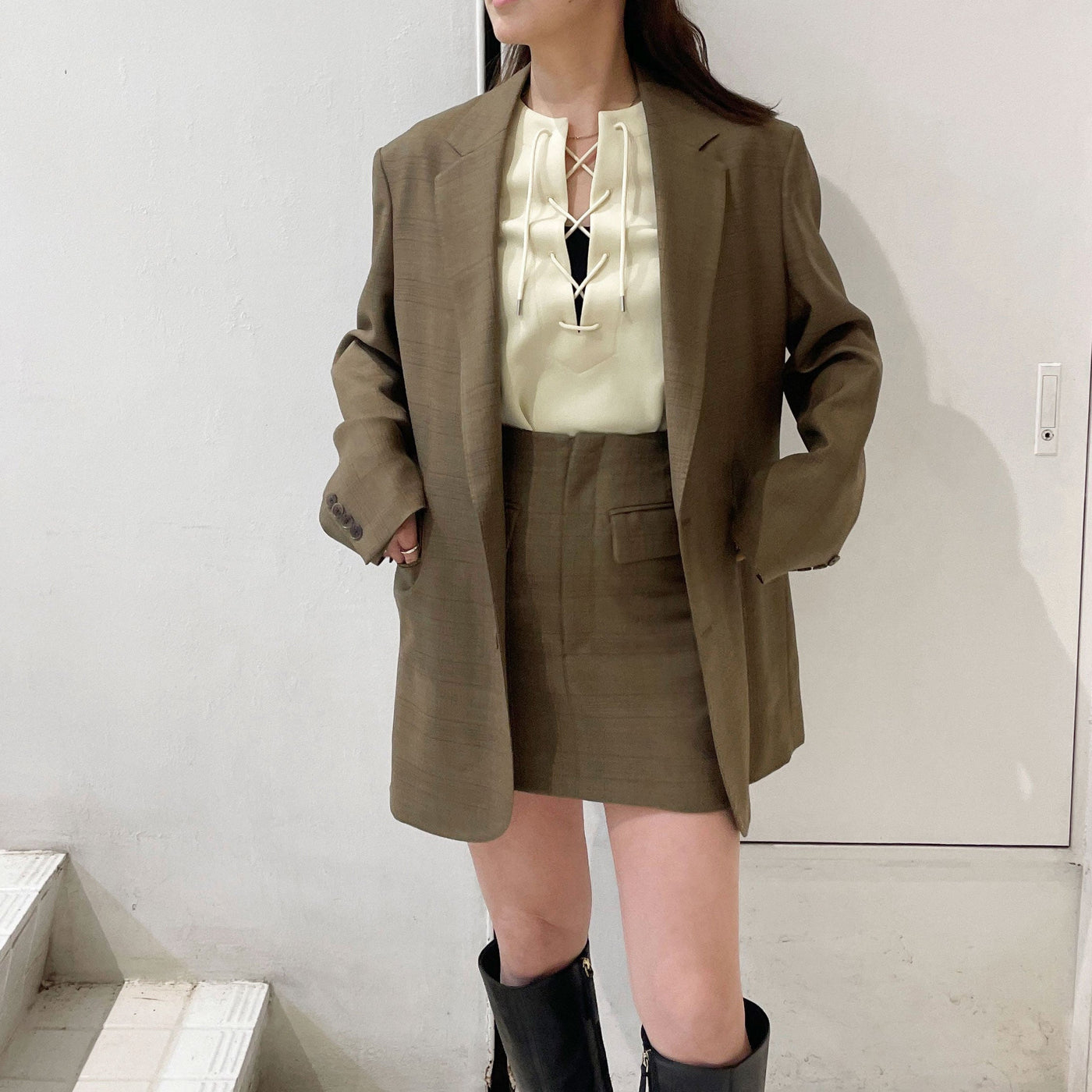 【AURALEE】 BLUEFACED WOOL JACKET / BLUEFACED WOOL MINI SKIRT / WETSUIT JERSEY LACE UP TEE