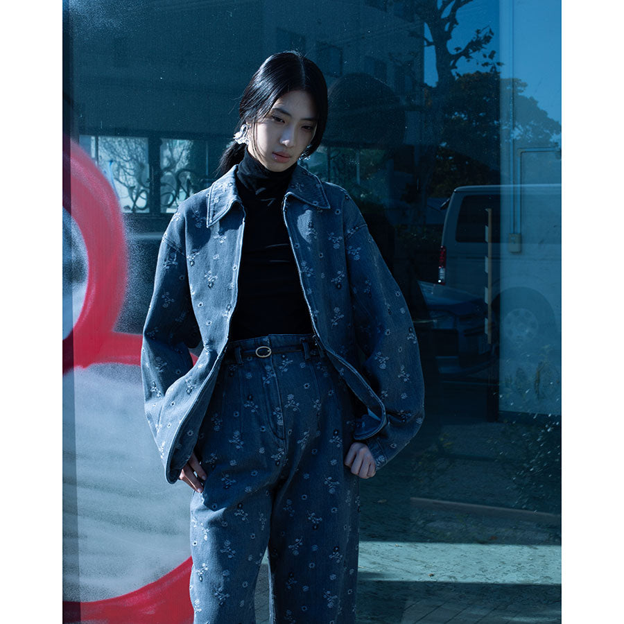 希少 新品タグ付き MM6 ショート丈 クロップド デザイン デニムジャケット Mame Kurogouchi/マメ】Floral Jacquard Denim Jacket MM26SS-JK079の