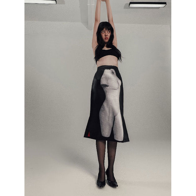 【JOHN/ジョン】Black Sculpture Print Midi Skirt <br>JNSK211015