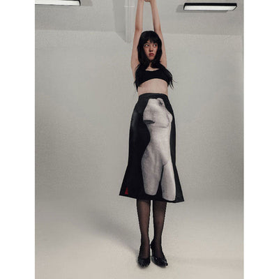 【JOHN/ジョン】Black Sculpture Print Midi Skirt <br>JNSK211015