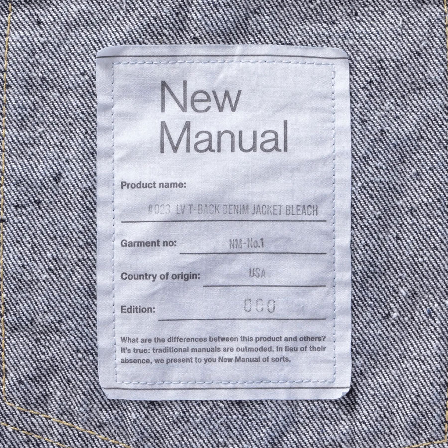 【New Manual/ニューマニュアル】<br>#023 LV T-BACK DENIM JACKET BLEACH ONE-WASHED <br>JK-YY-0011