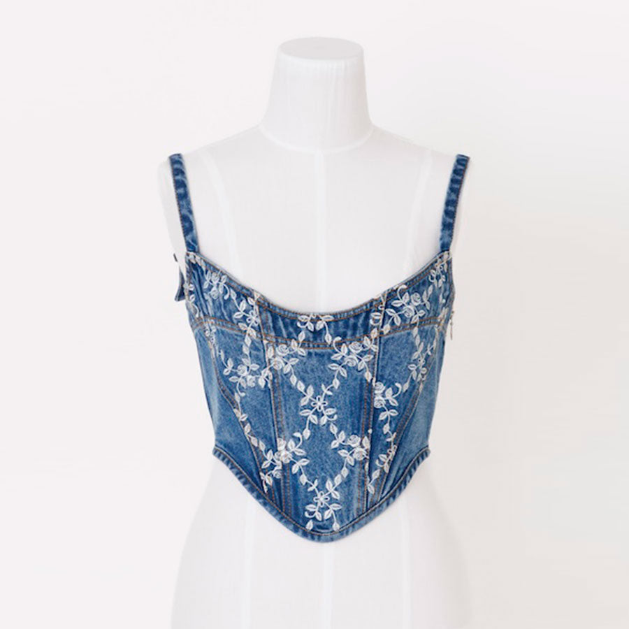 【FETICO/フェティコ】 <br>FLOWER EMBROIDERED DENIM BUSTIER <br>FTC244-0102