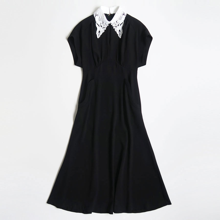 【Mame Kurogouchi/マメ】<br>Back Satin Crepe Georgette Embroidered Collar Flared Dress <br>MM24SS-DR083