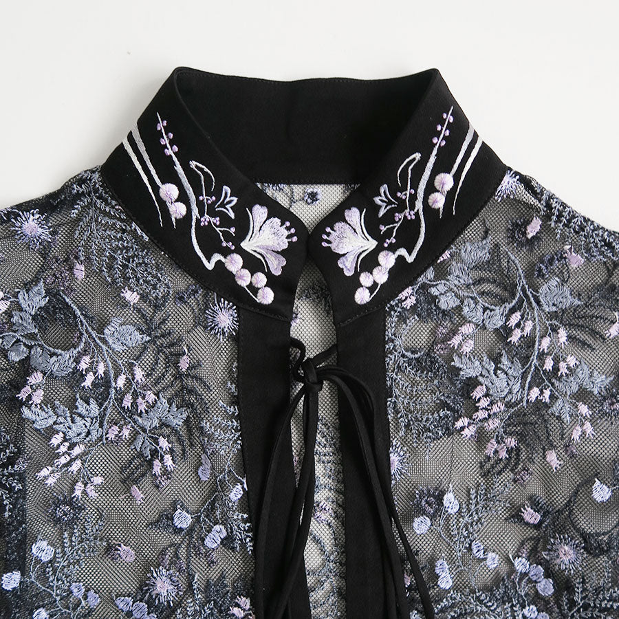 Mame Kurogouchi/マメ】Tulle Lace Stand Collar Shirt MM26SS-SH112の