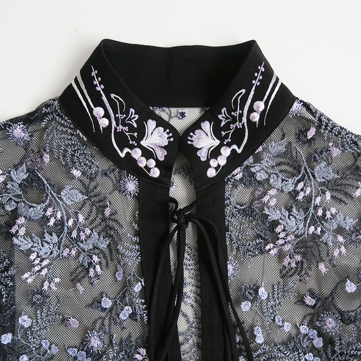 Mame Kurogouchi/マメ】Tulle Lace Stand Collar Shirt MM26SS-SH112の