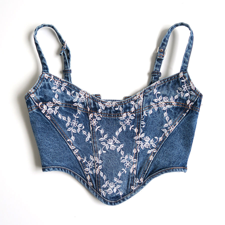 【FETICO/フェティコ】 <br>FLOWER EMBROIDERED DENIM BUSTIER <br>FTC244-0102