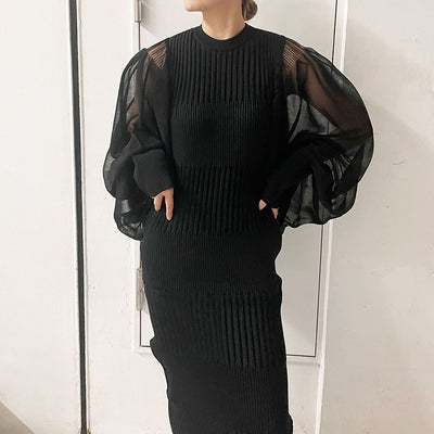 【CFCL/シーエフシーエル】<br>FLUTED LUCENT LONG PUFF SLEEVE DRESS <br>CF006KH051