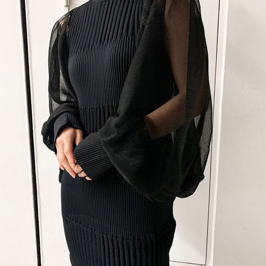 【CFCL/シーエフシーエル】<br>FLUTED LUCENT LONG PUFF SLEEVE DRESS <br>CF006KH051