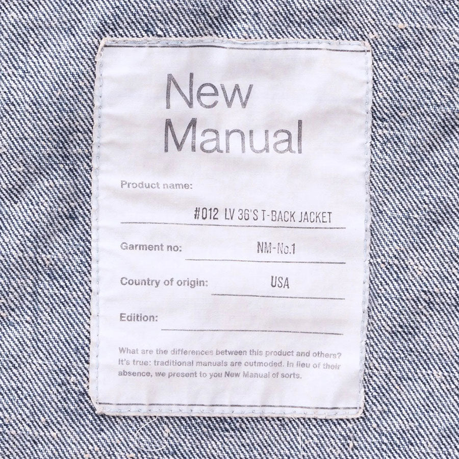 【New Manual/ニューマニュアル】<br>#012 LV 36’s T-BACK JACKET ONE-WASHED <br>JK-YY-0005